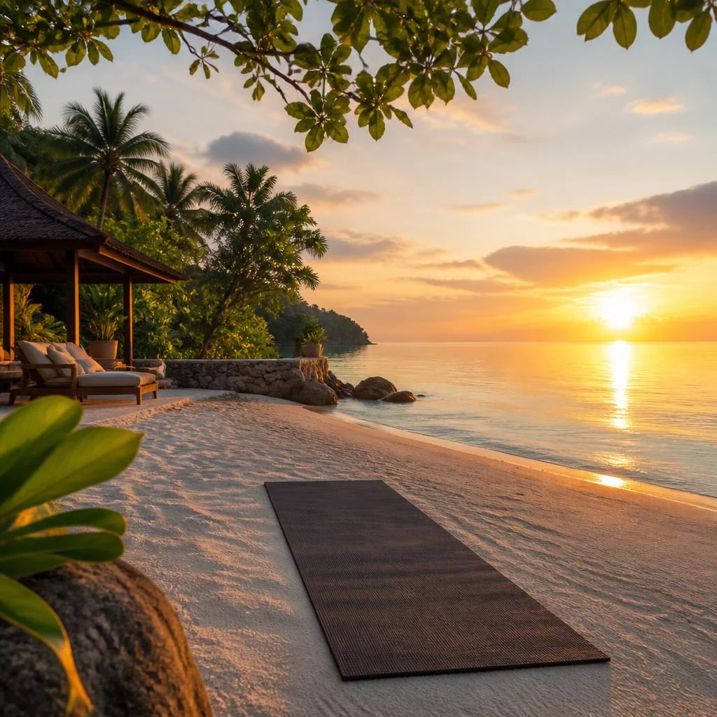 Beachfront setting for outdoor wellness activities