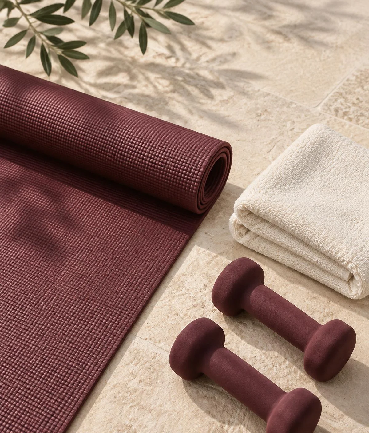 Generic wellness illustration of a burgundy exercise mat and hand weights, an ivory towel and soft greenery on cream stone