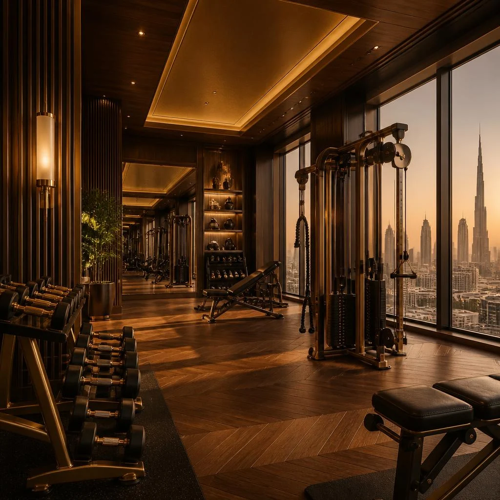 Light filled fitness suite overlooking the Dubai skyline