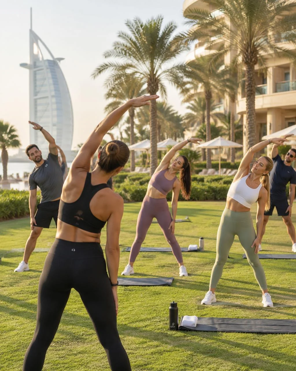 Small group fitness class on a landscaped outdoor lawn