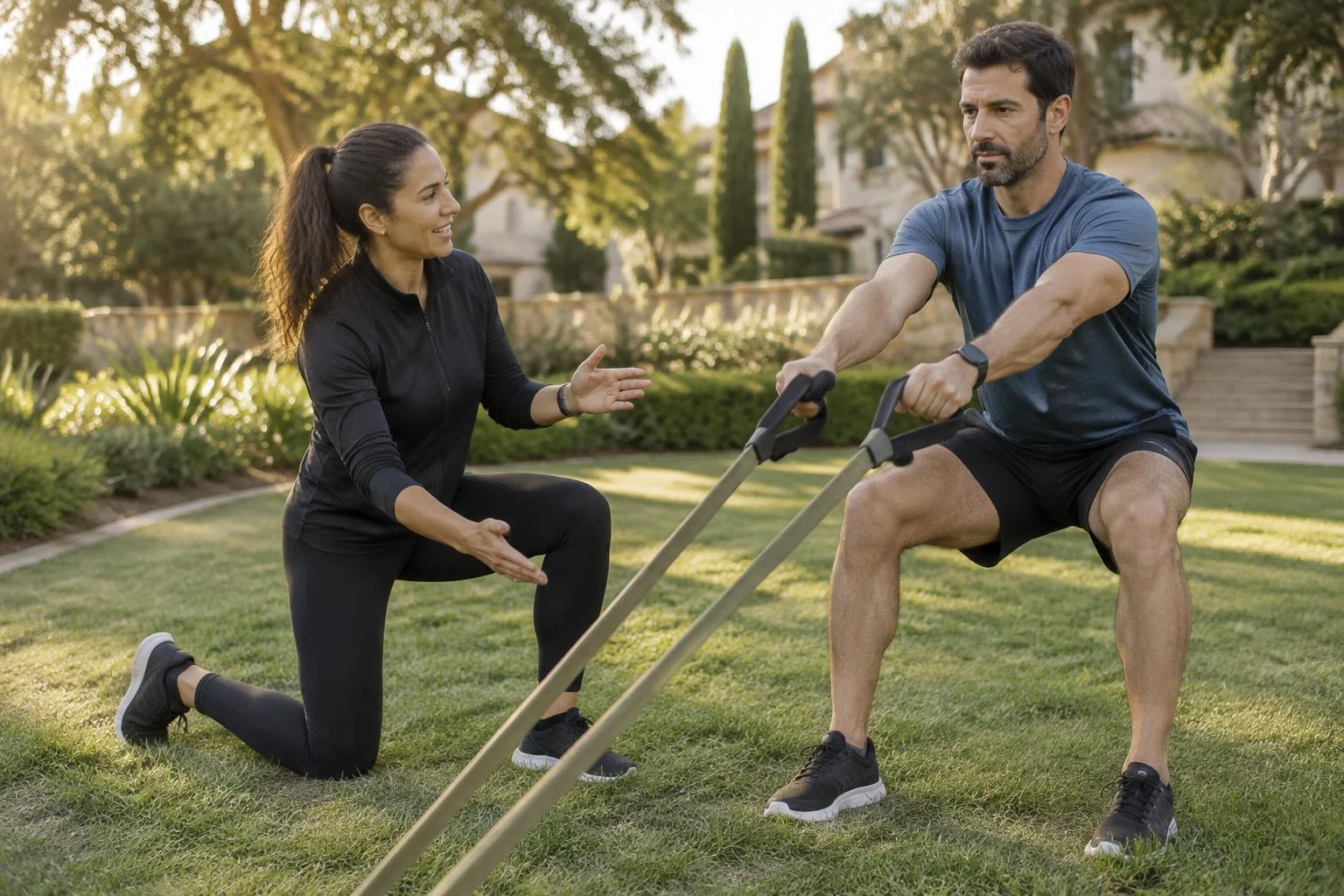 Female coach guiding a male client through resistance training in a landscaped community setting