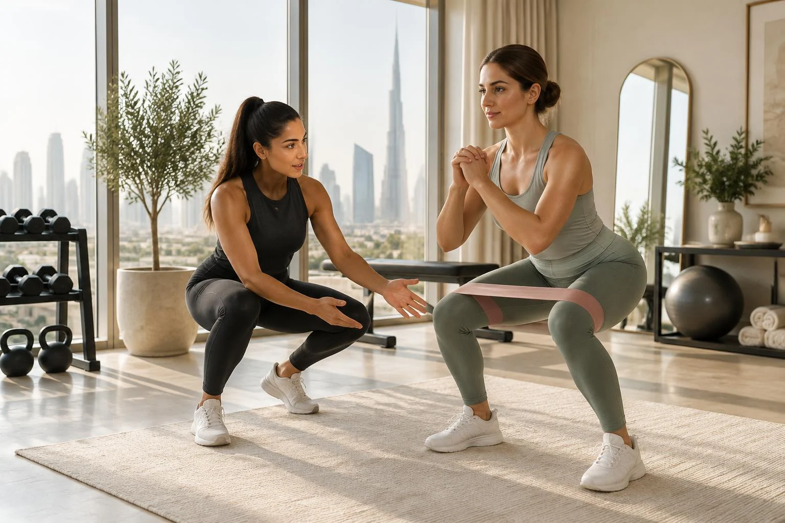 Female coach guiding a female client through a resistance band squat in a bright home training space