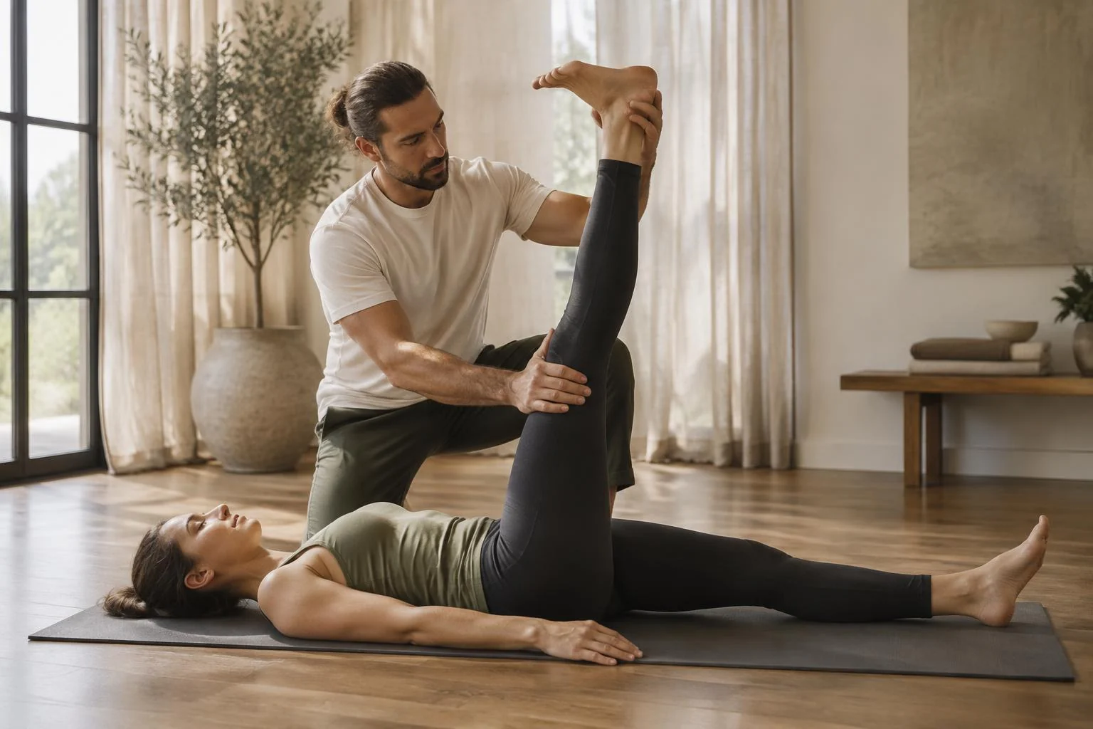 Male mobility coach guiding a female client through a controlled mat exercise in a private movement studio