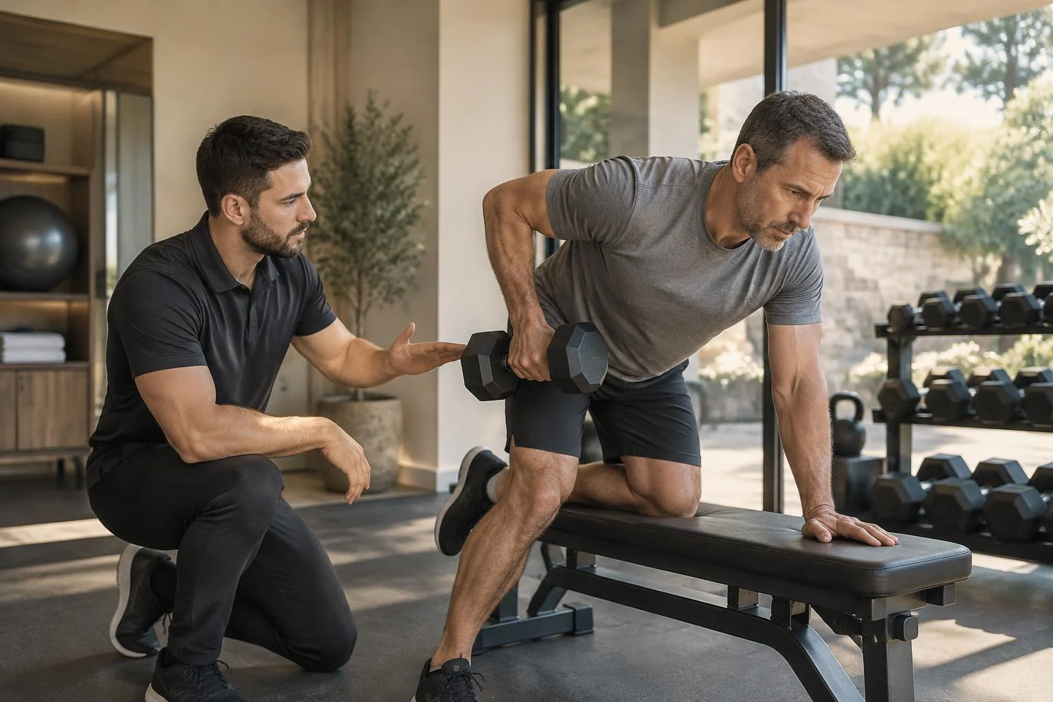 Male coach observing a male client performing a dumbbell exercise in a modern residential gym